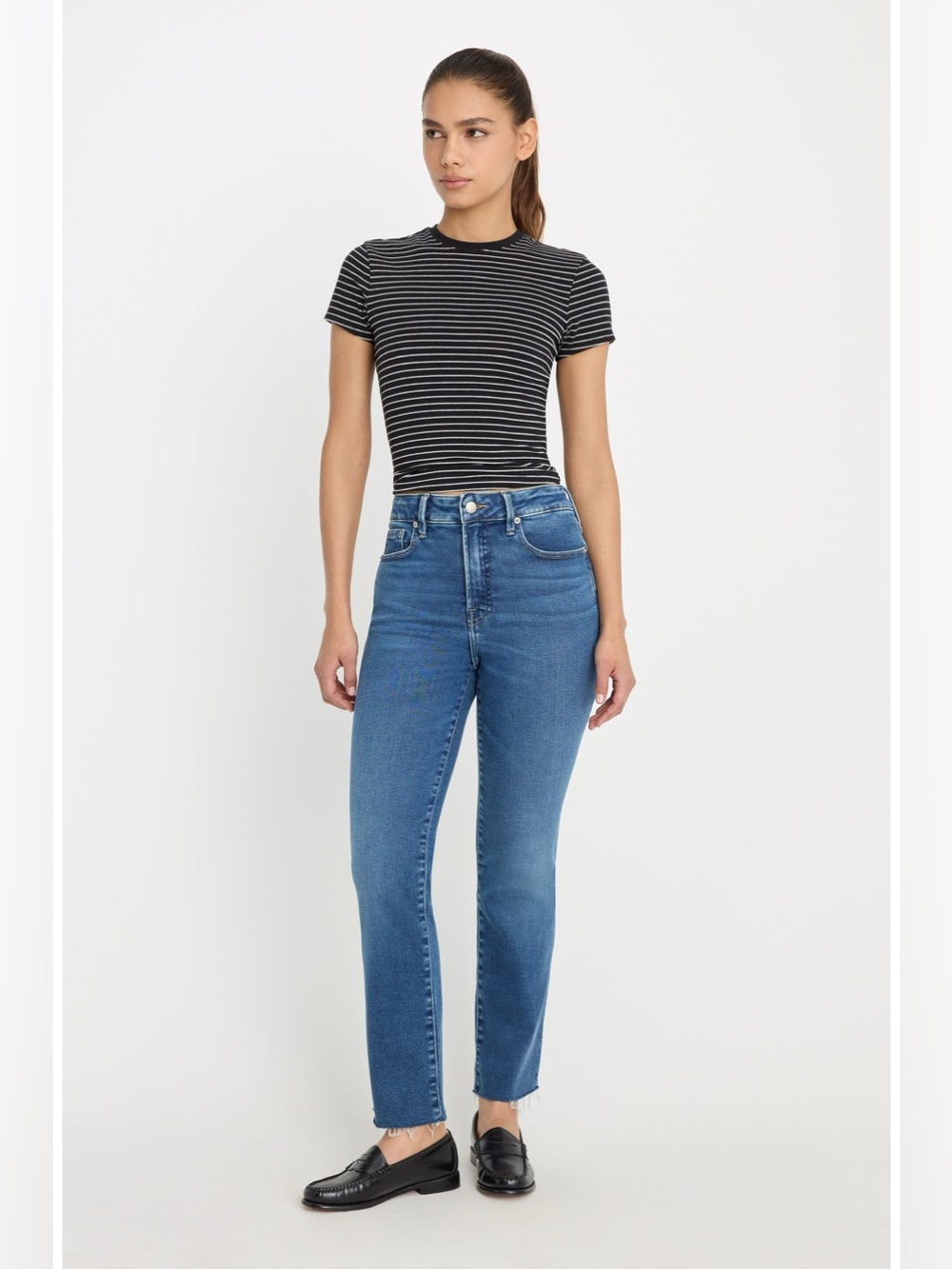 Good American Soft-Tech Good Straight Raw Hem Ankle Straight Leg Jeans